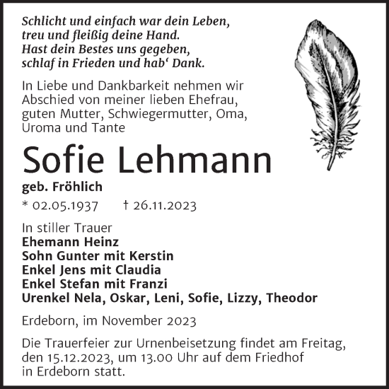 Traueranzeige von Sofie Lehmann von Trauerkombi Mansfelder Land