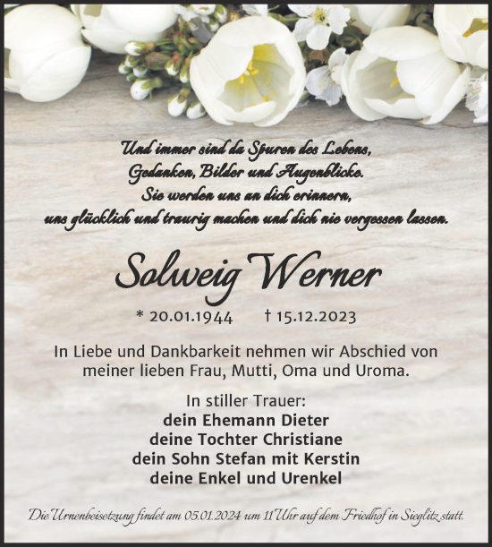 Traueranzeige von Solweig Werner von Super Sonntag Naumburg/Nebra
