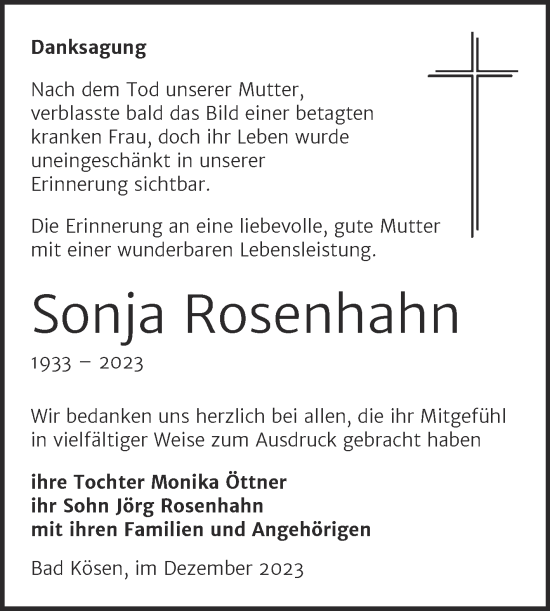 Traueranzeige von Sonja Rosenhahn von Naumburger Tageblatt