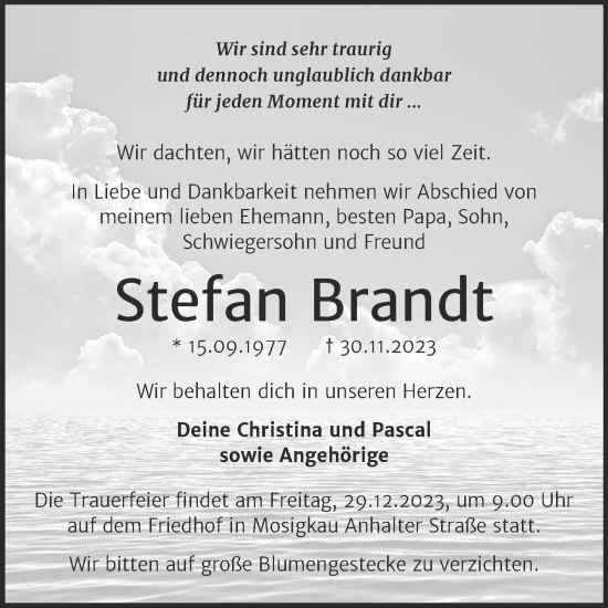 Traueranzeige von Stefan Brandt von Trauerkombi Dessau