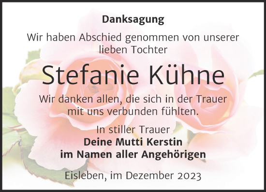 Traueranzeige von Stefanie Kühne von Trauerkombi Mansfelder Land