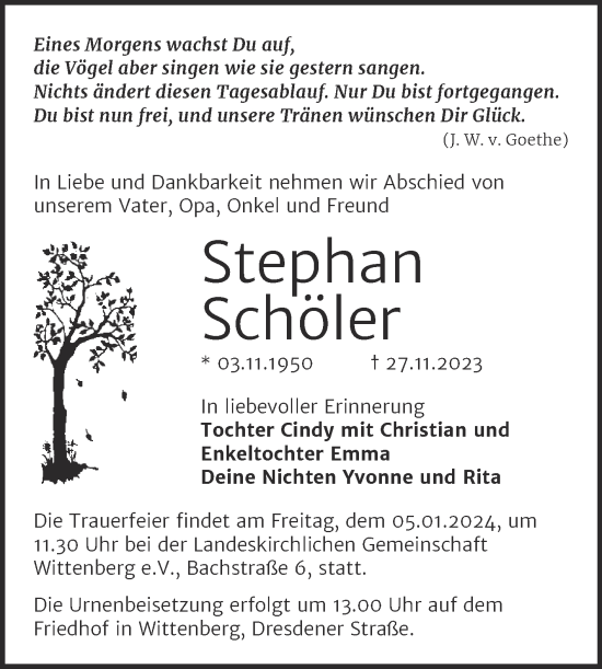 Traueranzeige von Stephan Schöler von Trauerkombi Wittenberg