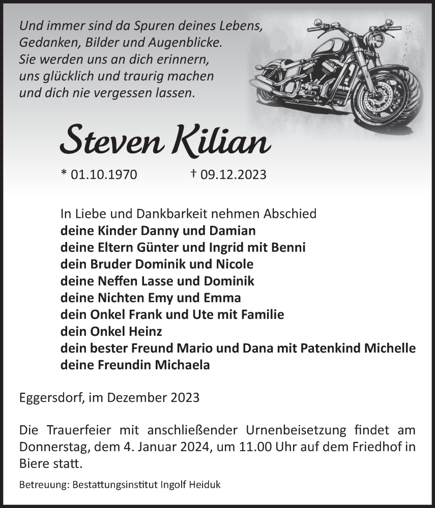  Traueranzeige für Steven Kilian vom 16.12.2023 aus Volksstimme Schönebeck