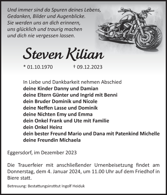 Traueranzeige von Steven Kilian von Volksstimme Schönebeck