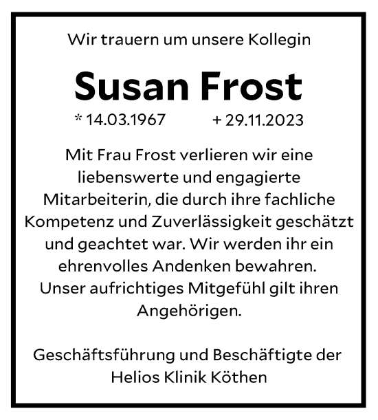 Traueranzeige von Susan Frost von Mitteldeutsche Zeitung Köthen