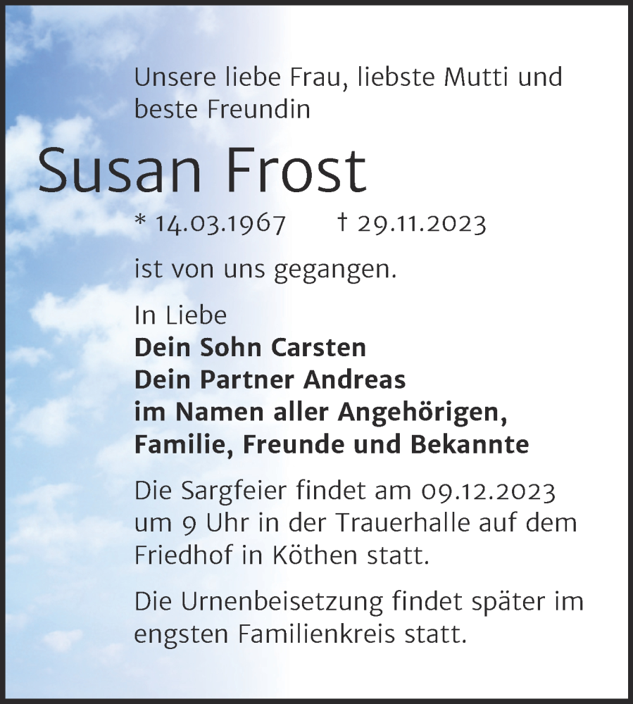  Traueranzeige für Susan Frost vom 06.12.2023 aus Trauerkombi Köthen