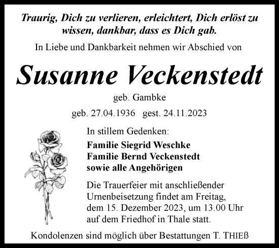 Traueranzeige von Susanne Veckenstedt von Trauerkombi Quedlinburg