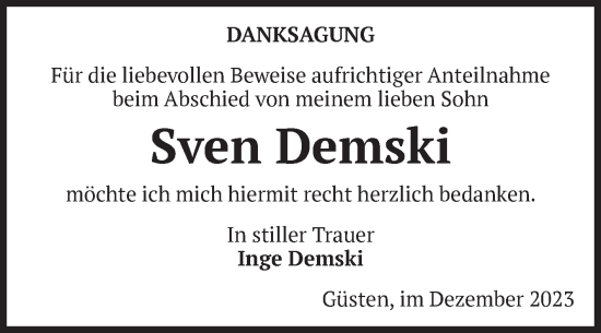 Traueranzeige von Sven Demski 