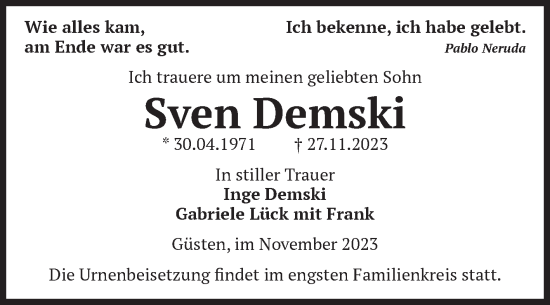 Traueranzeige von Sven Demski 