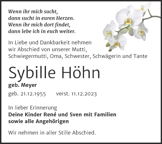 Traueranzeige von Sybille Höhn von Trauerkombi Weißenfels