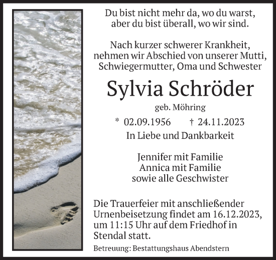 Traueranzeige von Sylvia Schröder von Volksstimme Altmark Ost