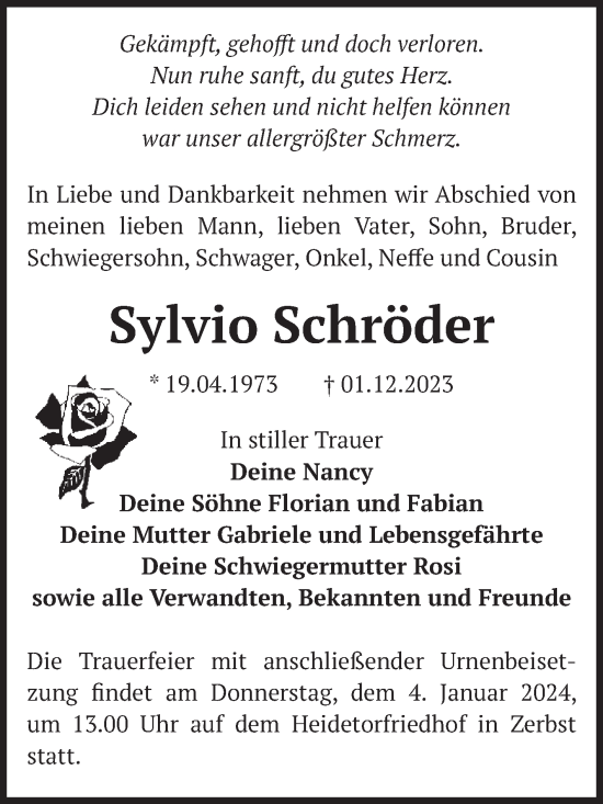 Traueranzeige von Sylvio Schröder von Volksstimme Zerbst