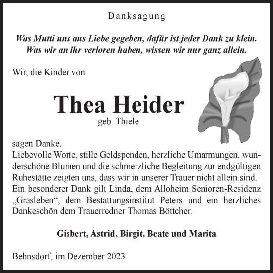 Traueranzeige von Thea Heider von Volksstimme Haldensleben/Wolmirstedt