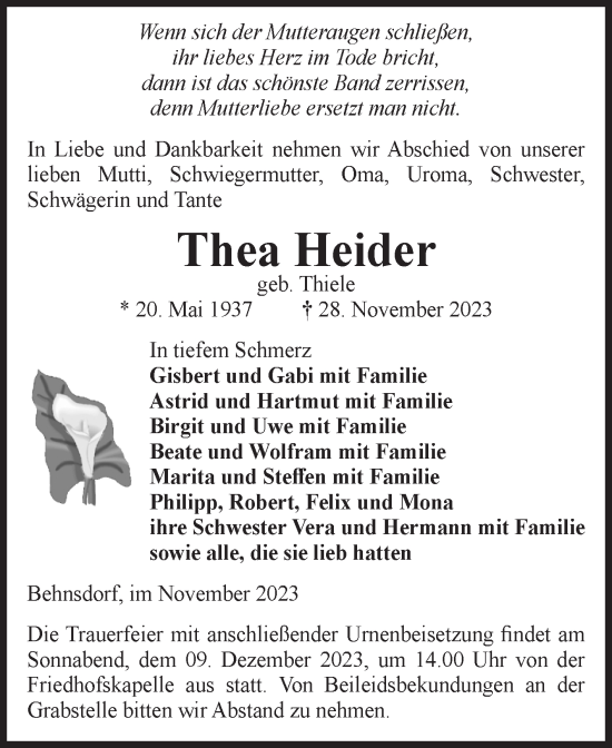 Traueranzeige von Thea Heider von Volksstimme Haldensleben/Wolmirstedt