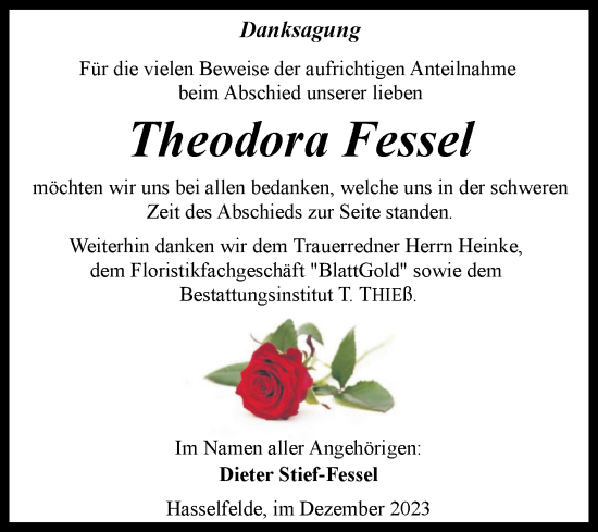 Traueranzeige von Theodora Fessel von Volksstimme Wernigerode