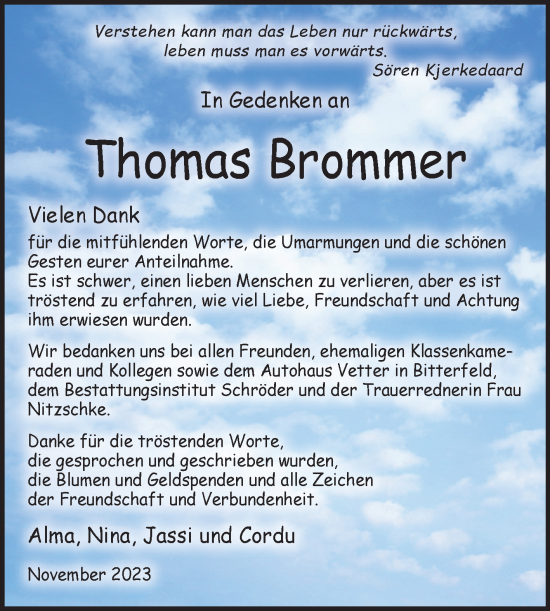 Traueranzeige von Thomas Brommer von Trauerkombi Bitterfeld