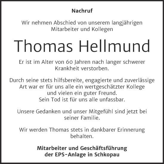 Traueranzeige von Thomas Hellmund von Mitteldeutsche Zeitung Halle/Saalkreis