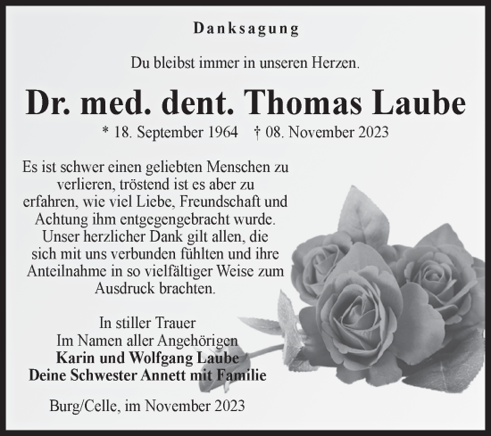 Traueranzeige von Thomas Laube von Volksstimme Burg/Genthin