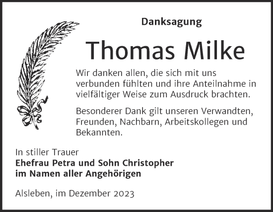 Traueranzeige von Thomas Milke von Trauerkombi Bernburg