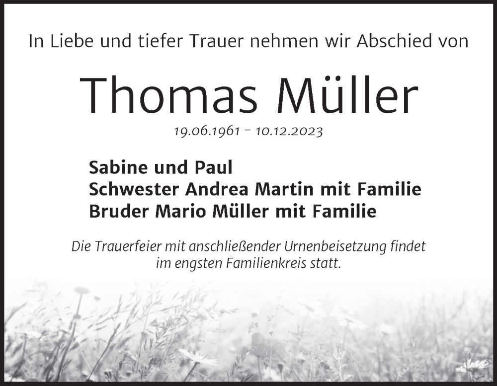  Traueranzeige für Thomas Müller vom 16.12.2023 aus Trauerkombi Bernburg