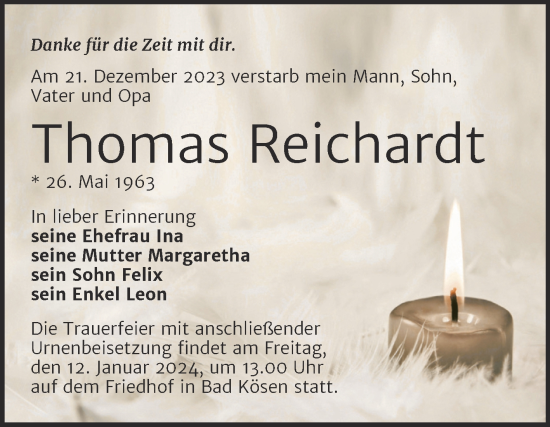 Traueranzeige von Thomas Reichardt von Naumburger Tageblatt