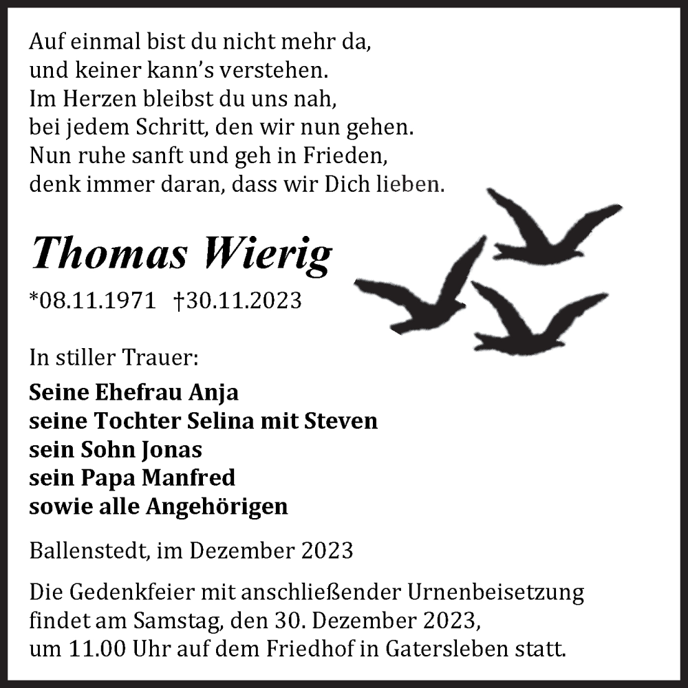  Traueranzeige für Thomas Wierig vom 23.12.2023 aus Trauerkombi Quedlinburg