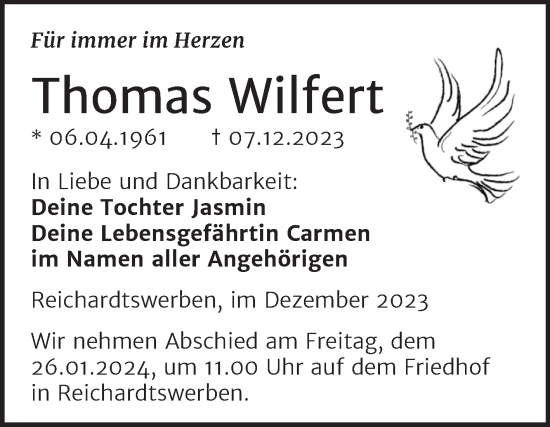 Traueranzeige von Thomas Wilfert von Trauerkombi Weißenfels