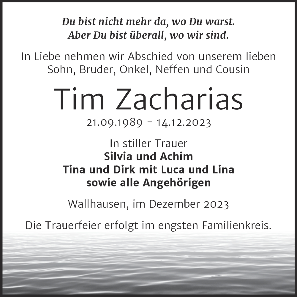  Traueranzeige für Tim Zacharias vom 20.12.2023 aus Trauerkombi Sangerhausen
