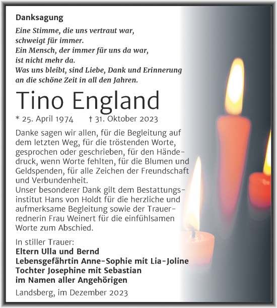 Traueranzeige von Tino England von Mitteldeutsche Zeitung Halle/Saalkreis