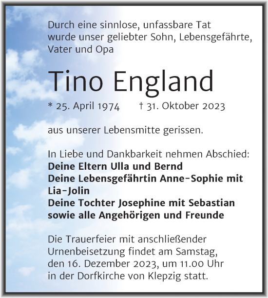 Traueranzeige von Tino England von Mitteldeutsche Zeitung Halle/Saalkreis