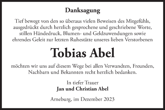 Traueranzeige von Tobias Abel von Volksstimme Altmark Ost
