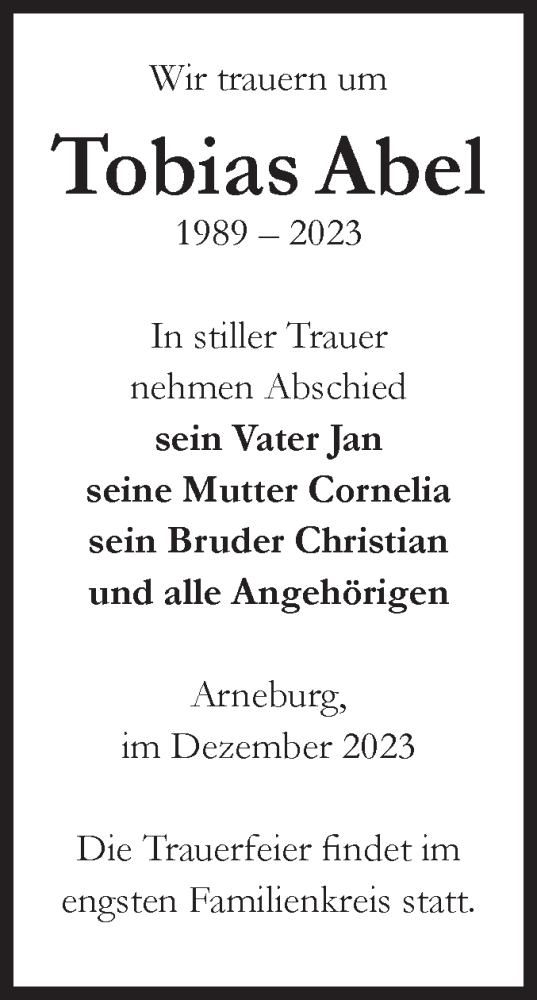 Traueranzeige von Tobias Abel von Volksstimme Altmark Ost