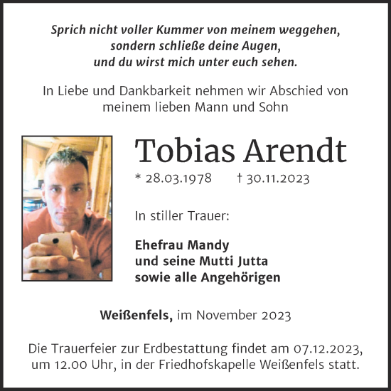 Traueranzeige von Tobias Arendt von Mitteldeutsche Zeitung Weißenfels