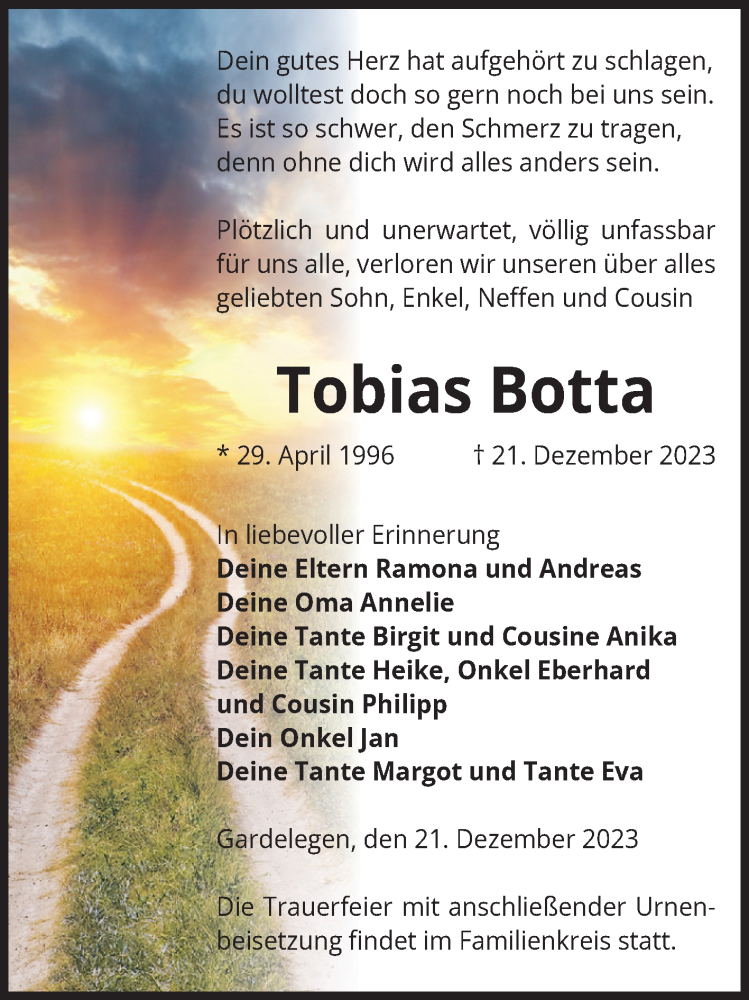  Traueranzeige für Tobias Botta vom 28.12.2023 aus Volksstimme Altmark West