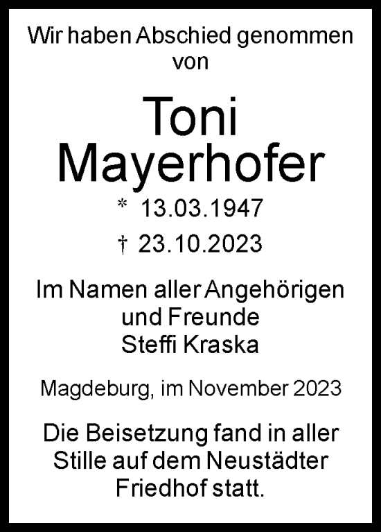 Traueranzeige von Toni Mayerhofer von Volksstimme Magdeburg