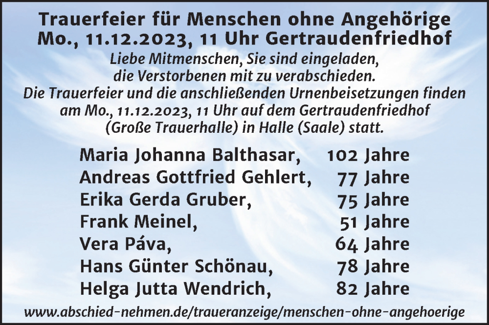  Traueranzeige für Menschen ohne Angehörige  vom 09.12.2023 aus Mitteldeutsche Zeitung Halle/Saalkreis