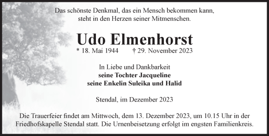 Traueranzeige von Udo Elmenhorst von Volksstimme Altmark Ost