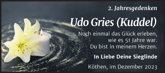 Traueranzeige von Udo Gries von Trauerkombi Köthen