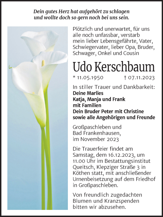 Traueranzeige von Udo Kerschbaum von Trauerkombi Köthen