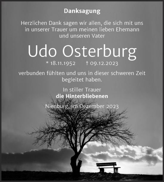 Traueranzeige von Udo Osterburg von Trauerkombi Bernburg
