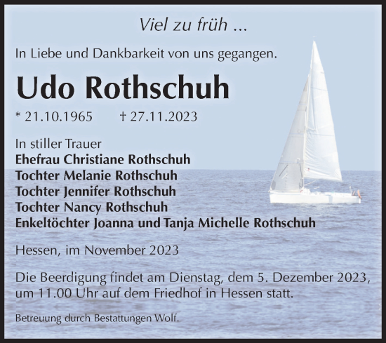 Traueranzeige von Udo Rothschuh von Volksstimme Wernigerode
