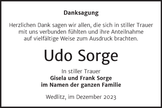 Traueranzeige von Udo Sorge von Trauerkombi Bernburg