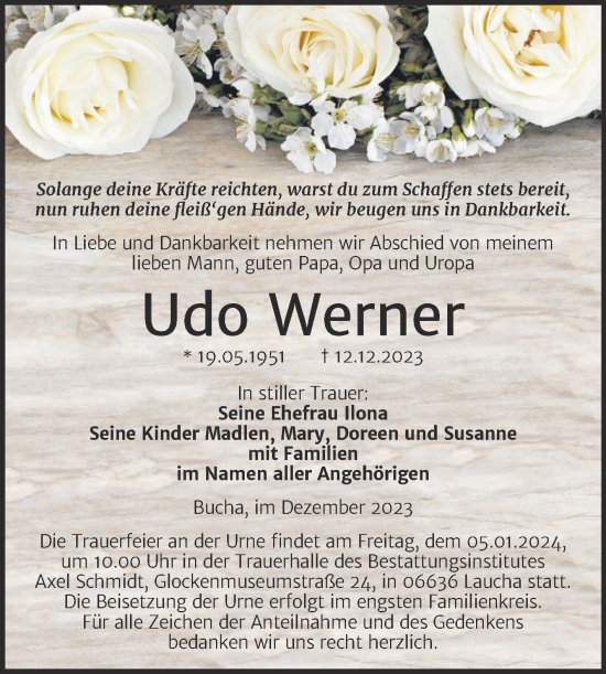 Traueranzeige von Udo Werner von Wochenspiegel Naumburg/Nebra