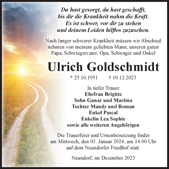 Traueranzeige von Ulrich Goldschmidt von Volksstimme Staßfurt