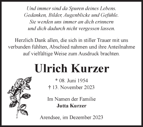 Traueranzeige von Ulrich Kurzer von Volksstimme Altmark West