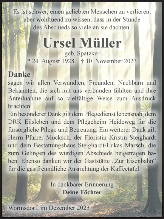 Traueranzeige von Ursel Müller von Volksstimme Oschersleben/Wanzleben