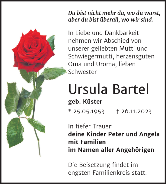 Traueranzeige von Ursula Bartel von Trauerkombi Dessau