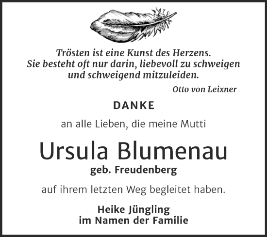 Traueranzeige von Ursula Blumenau von Trauerkombi Wittenberg