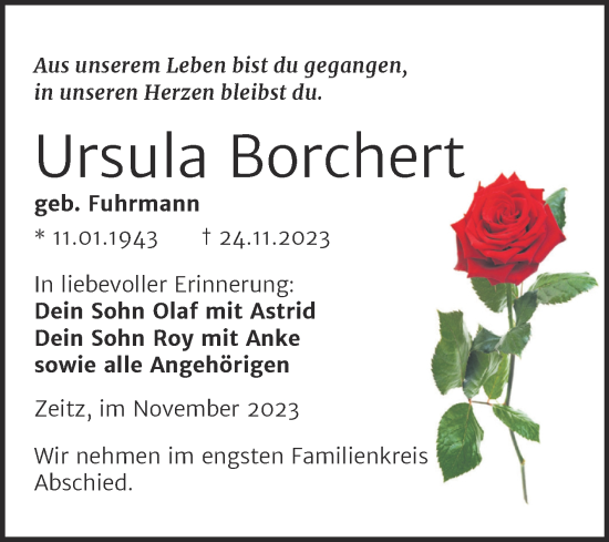 Traueranzeige von Ursula Borchert von Trauerkombi Zeitz