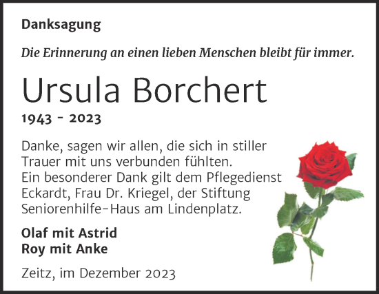 Traueranzeige von Ursula Borchert von Trauerkombi Zeitz